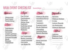 Don't forget a thing! Mark off each item off of your list as you prepare for your event! Makeup Artist Corner, Makeup Artist Esthetic, Beginners Makeup Kit List, Makeup Guide Book, Makeup Artist Estetic, Freelance Makeup Artist Business, Event Checklist, Freelance Makeup Artist, Makeup List