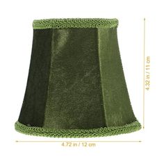 a green lamp shade with braiding on the bottom and side, measurements for it