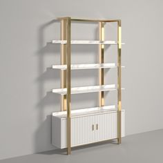 a white and gold shelving unit against a gray wall with shelves on both sides