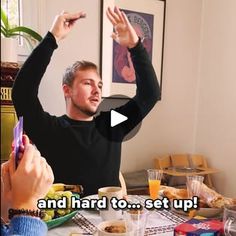 two people sitting at a table with food in front of them and the caption reads, and hard to set up