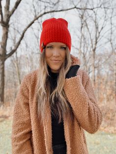 A classic everyday style for any outfit! All the warmth but no bulk. This beanie is a tighter fit, medium weight style. hand crocheted tighter stitch for extra warmth bright red 'Made in Minny' Faux Vegan Leather Tag in whiskey Medium weight, perfect for everyday 100% acrylic Spot clean if necessary, lay flat to dry Fitted Beanie For Cold Weather In Fall, Warm Solid Color Crochet Hat, Fitted Soft Knit Beanie For Fall, Fitted Fall Beanie, Solid Color Crochet Hat For Cold Fall Weather, Fitted Knitted Beanie For Fall, Warm Crochet Hat For Cold Weather In Fall, Warm Crochet Hat For Fall And Cold Weather, Winter Knit Crochet Hat