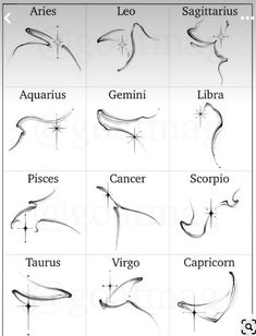 zodiac signs and their names in black ink on a white paper with the symbols for each zodiac