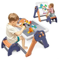 two small children playing with toys at a play table and easel on an isolated white background