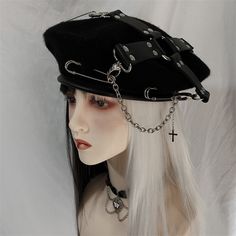 Product information : Main material: wool Style details: bare body Style: beret Brim style: short brim Hat style: dome Make a bold statement with our Punk Goth Pu Cross Pin Chain Painter Hat Maramalive™. This hat combines edgy punk style with a touch of grace and elegance through the use of a cross pin and chain. Stay ahead of the fashion curve and add a unique touch to your look with this statement piece. Packing list: Beret*1 Kawaii, Goth Hat, Unique Clothing Stores, Y2k Grunge Aesthetic, Short Brim Hat, Style Beret, Gothic Punk Fashion, Painter Hat, Pretty Jewelry Necklaces