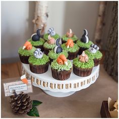 cupcakes with green frosting and animals on them are sitting on a cake platter