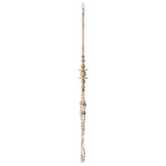 a wooden beaded wind chime hanging from a chain