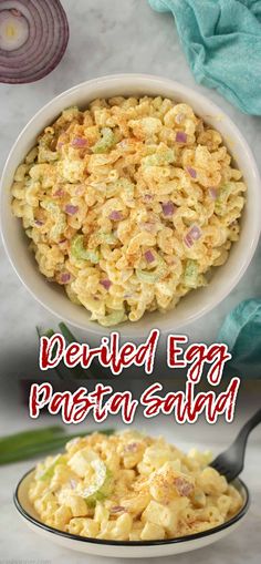 an egg pasta salad in a white bowl with the words, served egg pasta savory