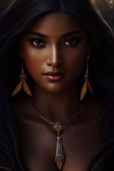 a digital painting of a woman with long black hair and gold jewelry on her neck