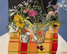 a painting of flowers in a glass vase on a plaid tablecloth with an orange and green checkered cloth