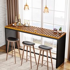 two stools are sitting at the bar in front of a window with wine bottles on it