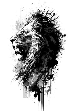 a black and white drawing of a lion's head with paint splatters