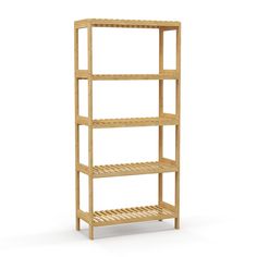 a wooden shelving unit with four shelves on one side and two levels to the other