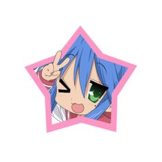 an anime character with blue hair and green eyes is holding up her hand in the shape of a star