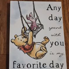 a winnie the pooh birthday card with an image of a teddy bear on a swing