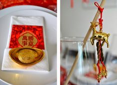 two pictures one with a gold ring, and the other with a red packet on it