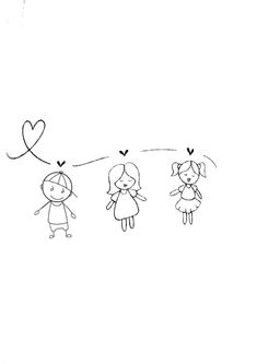 three children flying kites with hearts drawn on them