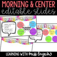 the morning and center editable slides for students to use on their classroom desks