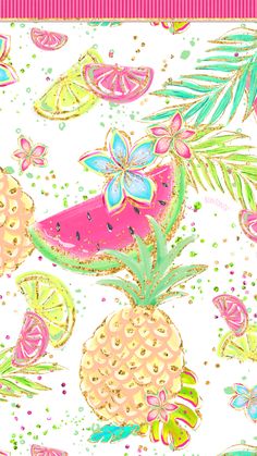 a watermelon and pineapple pattern on a white background with pink, green, yellow, and blue accents