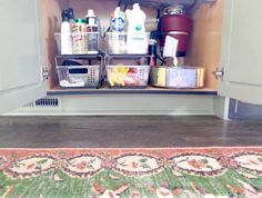 an open cabinet filled with cleaning products and other household care items on top of a rug