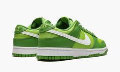 The Nike Dunk Low “Chlorophyll” is a bright take on the classic basketball shoe turned casual favorite.  This sneaker features a Vivid Green leather base paired with a darker shade of green leather that Nike has dubbed Chlorophyll.  White provides contrast on the laces, side Swooshes, and rubber midsole.  A perforated toe box offers breathability.  Release date: July 8, 2022 Nike Dunk Low Chlorophyll, Nike Sb Dunks Low, Green Bottom, Nike Sb Dunk, Sneaker Games, Hype Shoes, Nike Sb Dunks, Retro Shoes, Swag Shoes