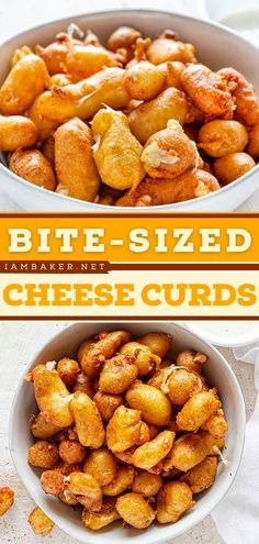 two bowls filled with different types of fried cheeses and one has the words bite - sized