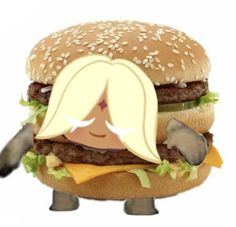 a hamburger with a woman's face cut out to look like it is eating cheeseburger