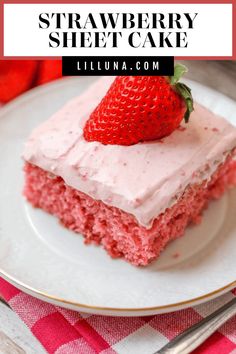 strawberry sheet cake on a plate with strawberries in the background and text overlay