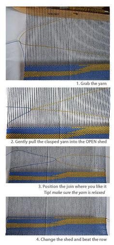 three pictures showing how to weave the fabric on a loom weaving machine, with instructions for