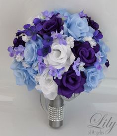 a bridal bouquet with blue and white flowers