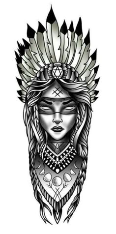 Native Headress Tattoos, Sleeve Tattoos For Women Black, Tattoo Indien, Red Indian Tattoo, Facial Portrait, Tattoos Torso, Indian Women Tattoo, Indian Girl Tattoos, Indian Skull Tattoos