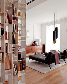 a living room filled with furniture and bookshelves