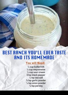 the recipe for homemade ranch dip is in a mason jar with a spoon sticking out of it