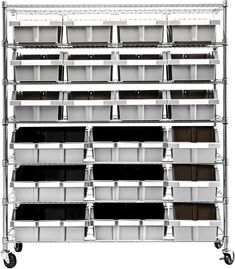 a large metal rack with several bins on it's sides and two wheels