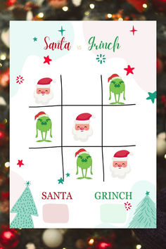 easy tic-tac-toe game, adorned with jolly Santa Claus and Grinch, is perfect for family gatherings, classroom fun, and holiday parties Grinch Dice Game, Grinch Christmas Party Games For Kids, Grinch Games For Kids Free Printable, Grincg Games, Elf Tic Tac Toe Printable, Christmas Tic Tac Toe, Christmas Games For Family, Tic Tac Toe Game, Jolly Santa