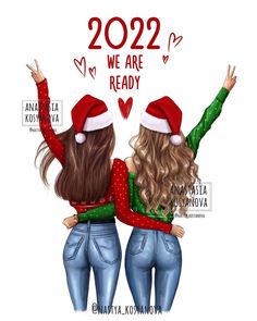 two girls wearing santa hats and jeans with their arms in the air, looking at each other