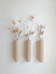 three wooden vases with dried plants in them on a white wall, one is empty