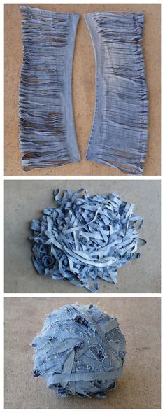 three different pictures showing the process of making denim fabric from old jeans and how to sew them