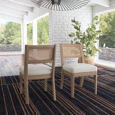 two chairs sitting next to each other on top of a rug