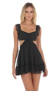 Striped Shimmer Ruffle Cutout Dress in Black | LUCY IN THE SKY Luck And Trouble Dress, Flowy Black Dress, Navy Blue Mini Dress, Dress Flowy, Pretty Prom Dresses, Grad Dresses, Black Dresses Casual, Glam Dresses, Hoco Dresses