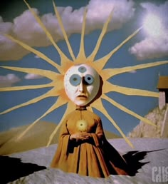 an animated image of a woman standing in front of a sun with eyes on her face