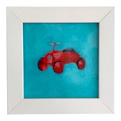 a painting of a red car with a wrench in it's mouth on a blue background