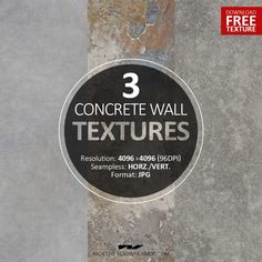 three concrete textures with the text 3 concrete wall textures in black and grey colors