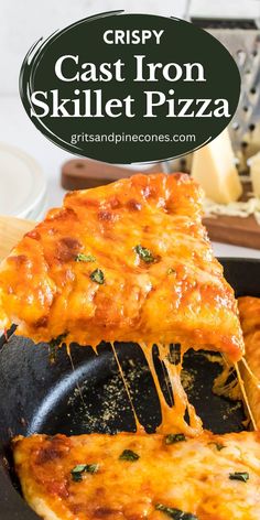 a close up of a slice of pizza on a pan with text overlay that reads crispy cast iron skillet pizza