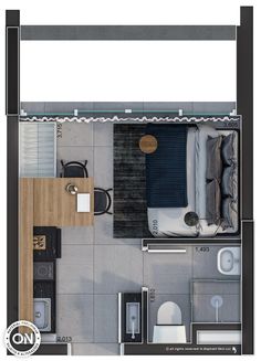 an overhead view of a bedroom and living room in one floor plan, with furniture on the other side