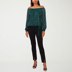 This MSK women's off-the-shoulder metallic blouse is the perfect style to dress up your looks for the holidays or a night out. Made from a semi-sheer sparkling green mesh, this top has a straight neck, long balloon sleeves and a flowy fit with a waist tie. Balance the look with skinny jeans or pants and heels. Closure Type: Pullover HeadNeckline: Straight NeckSleeve Length: Long SleeveSleeve Style: Balloon SleeveFiber Content: 55% Metallic, 45% PolyesterFabric Description: MeshLining Material: … Metallic Blouses, Perfect Style, Green Blouse, Balloon Sleeves, Waist Tie, Holiday Party, Off The Shoulder, Shirts Tops, Off Shoulder