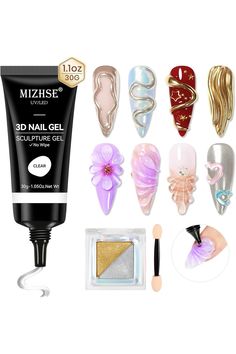 MIZHSE 3D Nail Gel 30G Clear 3D Gel Nail Art 3D Sculpting Gel with Chrome Powder for Nail Art Nail Design Molding Gel for Nails No Wipe Nail Supply U V LED Gel Polish for Nail Art Sculpture Home DIY