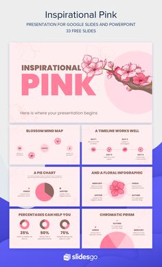 the pink powerpoint presentation is displayed on top of a blue and white background with flowers