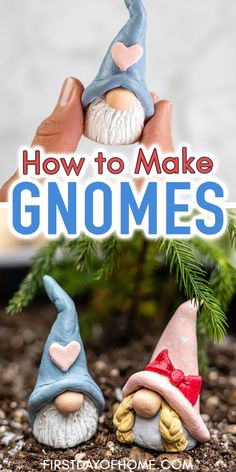 Male gnome held by fingertips and two gnomes with heart accents made from air dry clay with text overlay reading "How to Make Gnomes" Make Gnomes, Diy Gnome, Valentine Craft, Homemade Clay, Valentine Gnome, Fairy Garden Crafts, Diy Air Dry Clay, Christmas Gift Basket Ideas, Air Dry Clay Projects