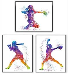 three watercolor paintings of baseball players with bats