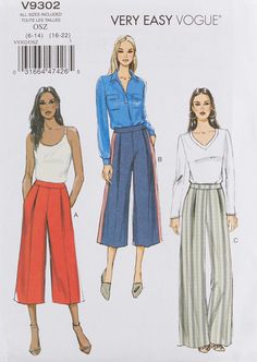 two women's pants and one woman's blouse sewing pattern